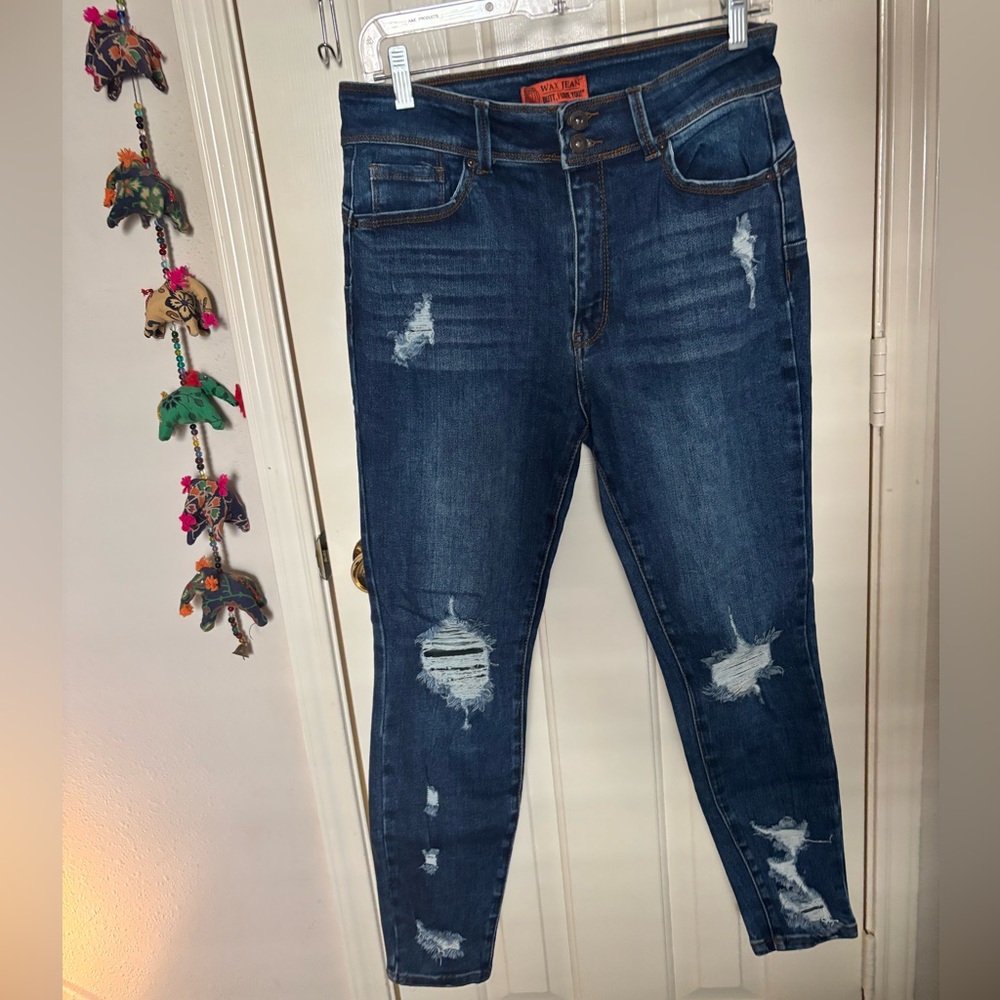 Wax Jean Dark Blue Distressed Skinny Jeans